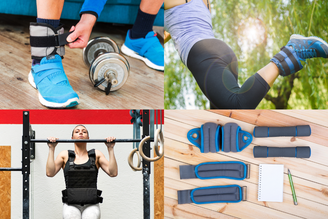  weight training for fat loss - collage of ankle weights and weighted vest
