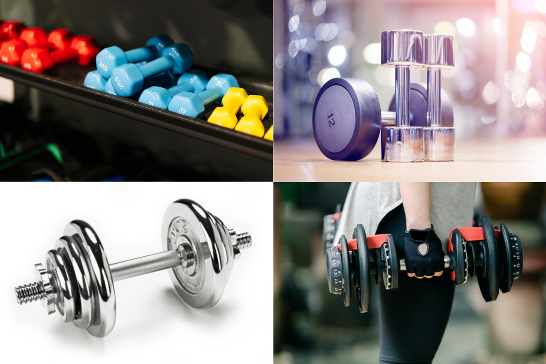  weight training for fat loss - collage of various dumbbells