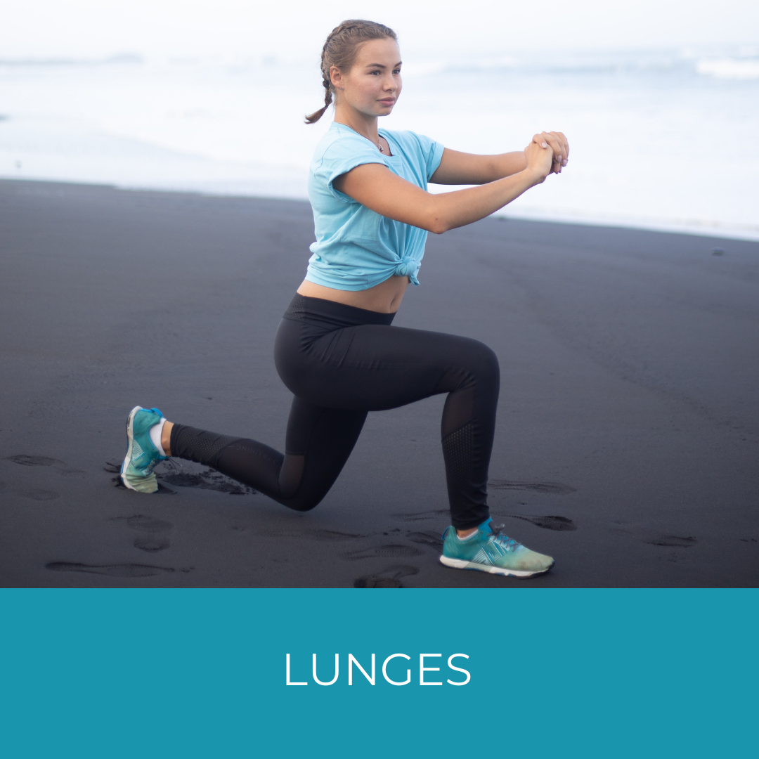 woman performing a lunge on a beach