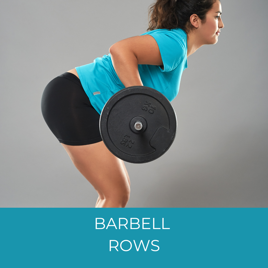 woman in blue doing barbell rows
