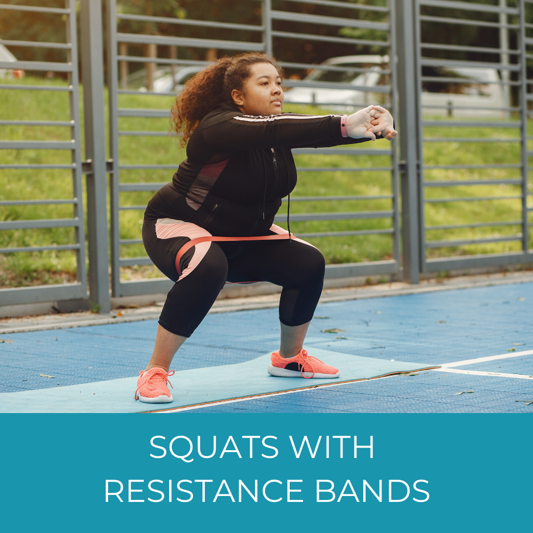 woman doing squats with resistance bands in a park
