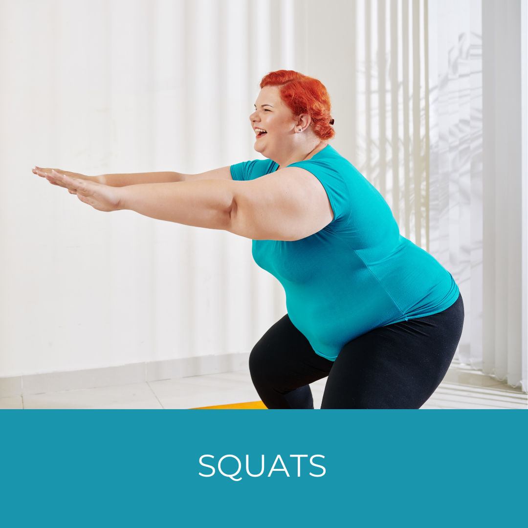 joyful woman in turquoise performing a squat