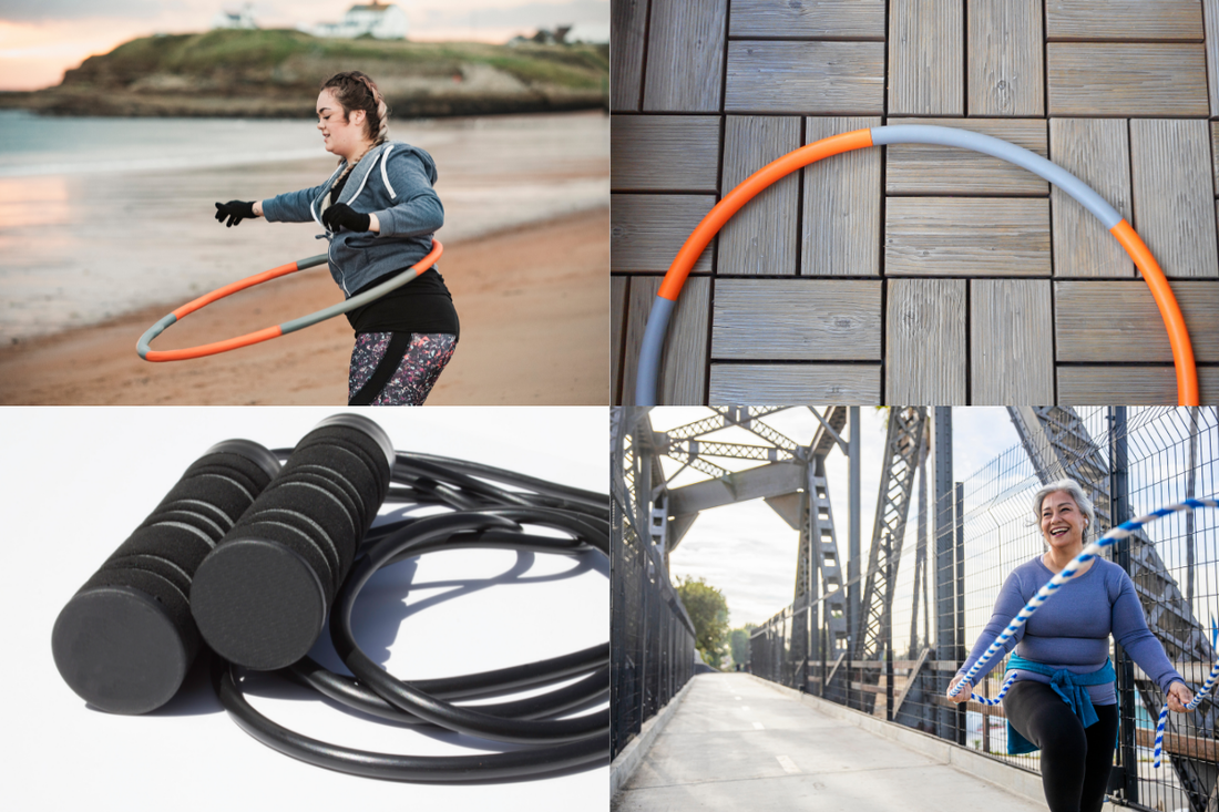  weight training for fat loss - collage of weighted hula hoops and jump ropes