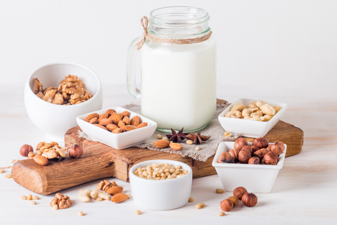 Vegan substitutes - Jar of milk surrounded by small bowls of nuts.